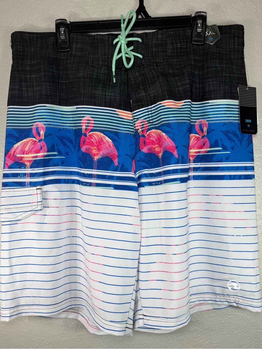 Men’s BOARD SHORTS SIZE‎ XXL SWIM TRUNKS BLACK BLUE FLAMINGO by OCEAN CURRENT